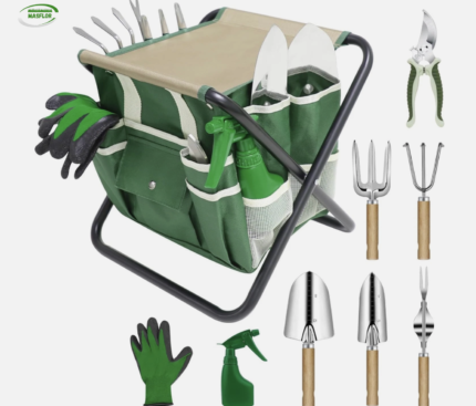 Masflor 10-Piece Garden Tool Set with Folding Stool & Detachable Storage Bag – Stainless Steel Hand Tools